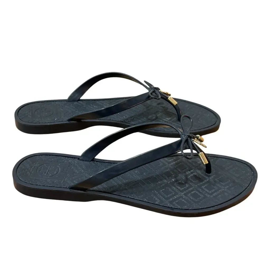 Tory Burch Jelly Bow Thong Sandals Women's Size 7 Gold Logo Flip Flops Summer